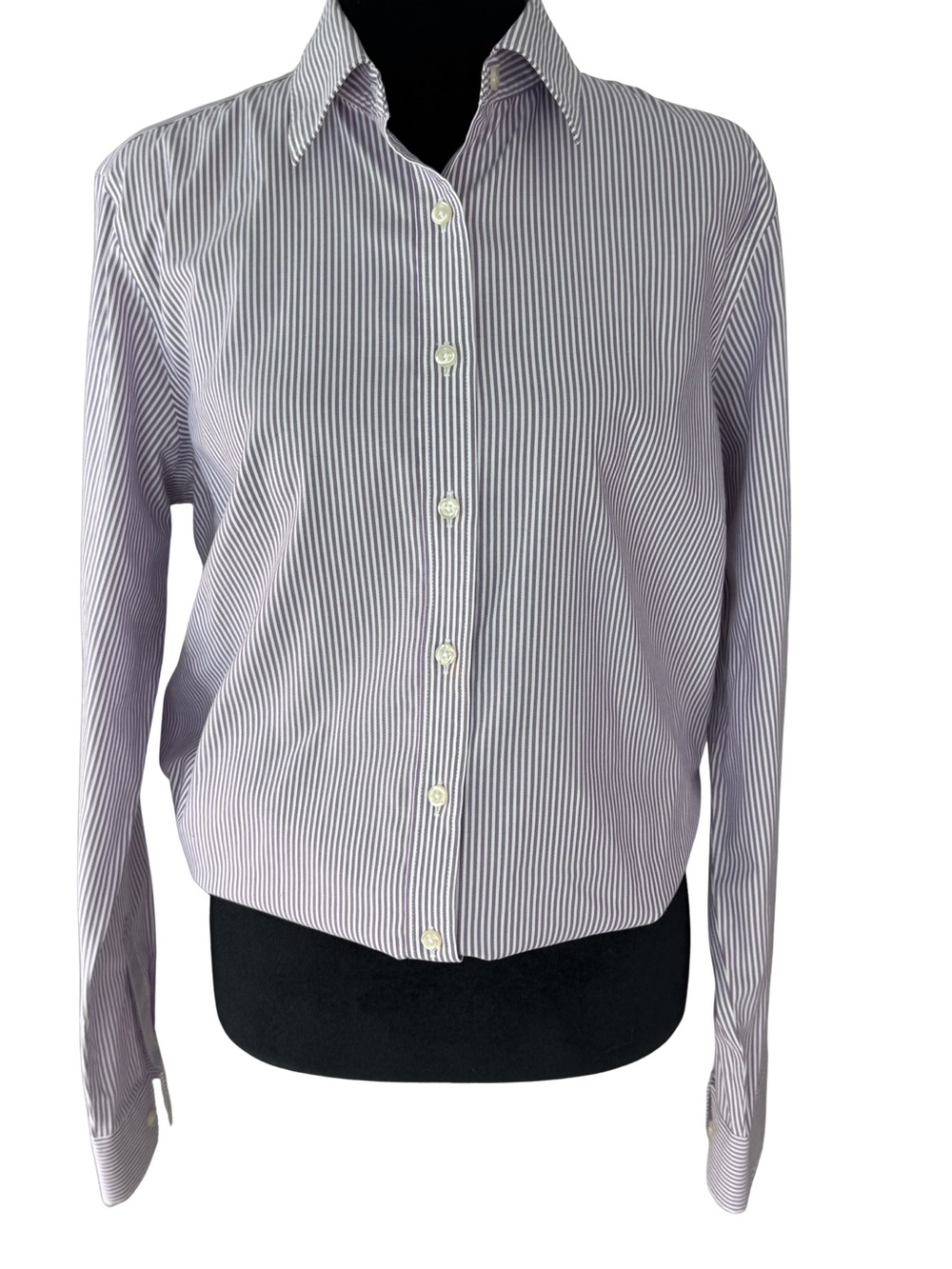 Lands' End Purple and White Striped Button-Down Shirt. Non Iron. Size 14.